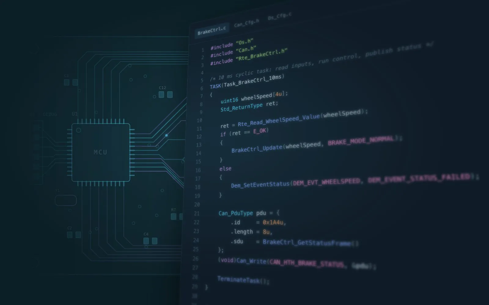 Embedded C code for an AUTOSAR brake control task beside a microcontroller circuit
