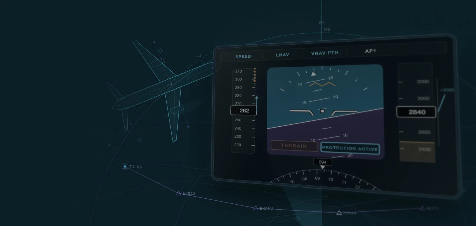 Aircraft primary flight display with terrain protection active, over a flight path