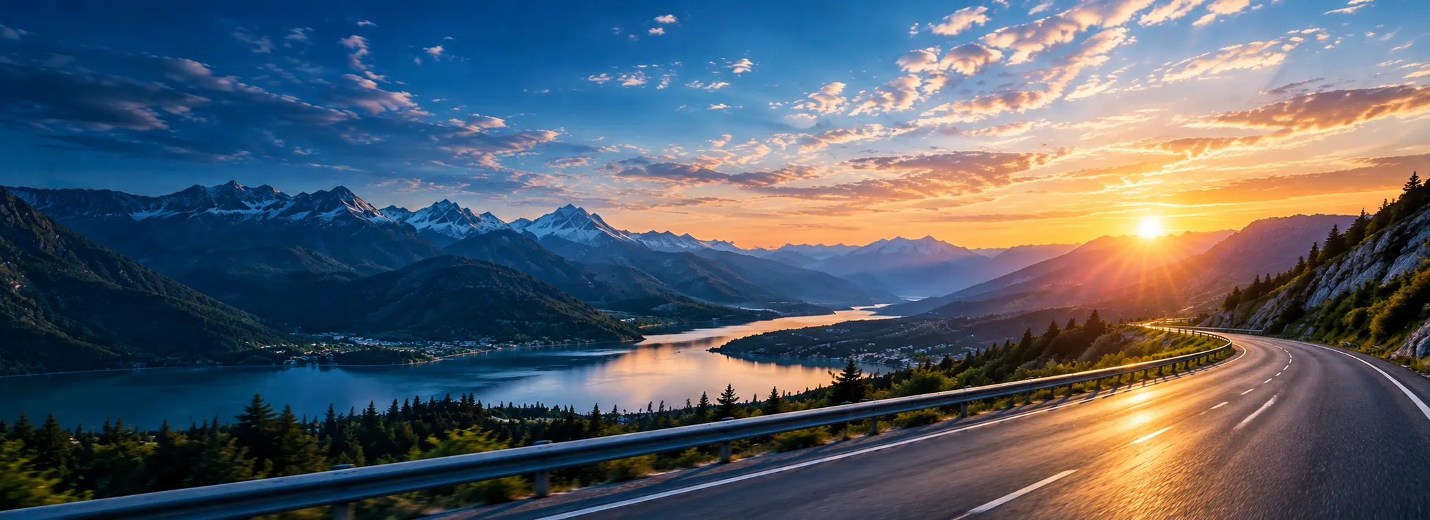 Mountain road winding past a lake at sunset
