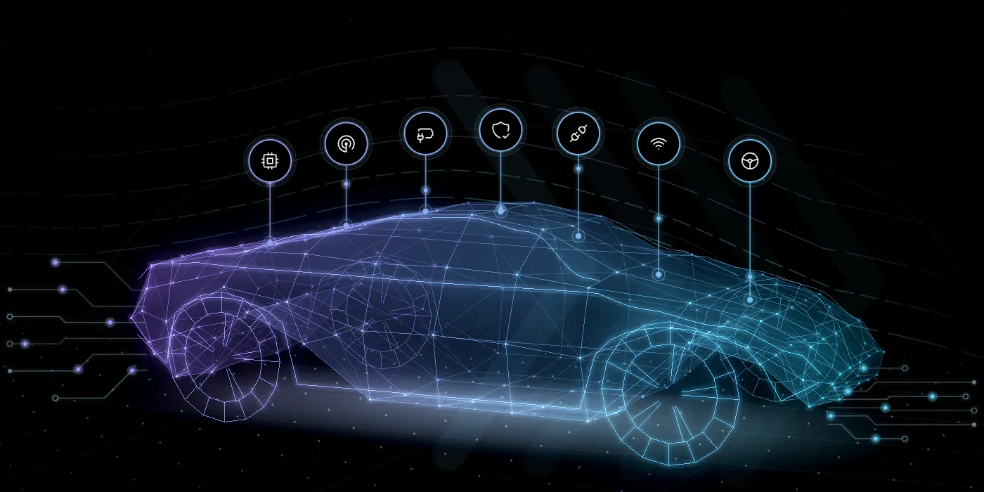 Wireframe car linked to its electronic systems: processor, sensors, display, security, charging, connectivity and steering