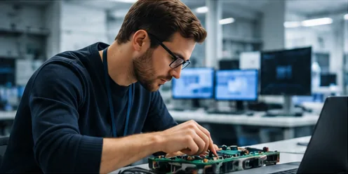 Engineer working on an electronics board in a lab